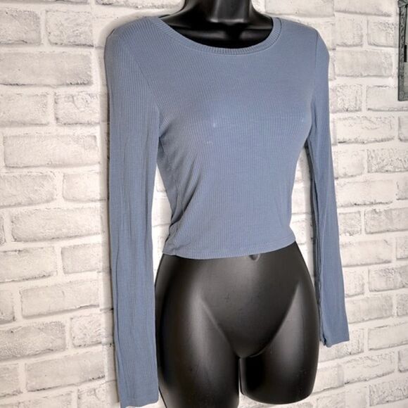 Active Basic Blue Ribbed Long Sleeve Crop Top Size Small - Picture 2 of 4